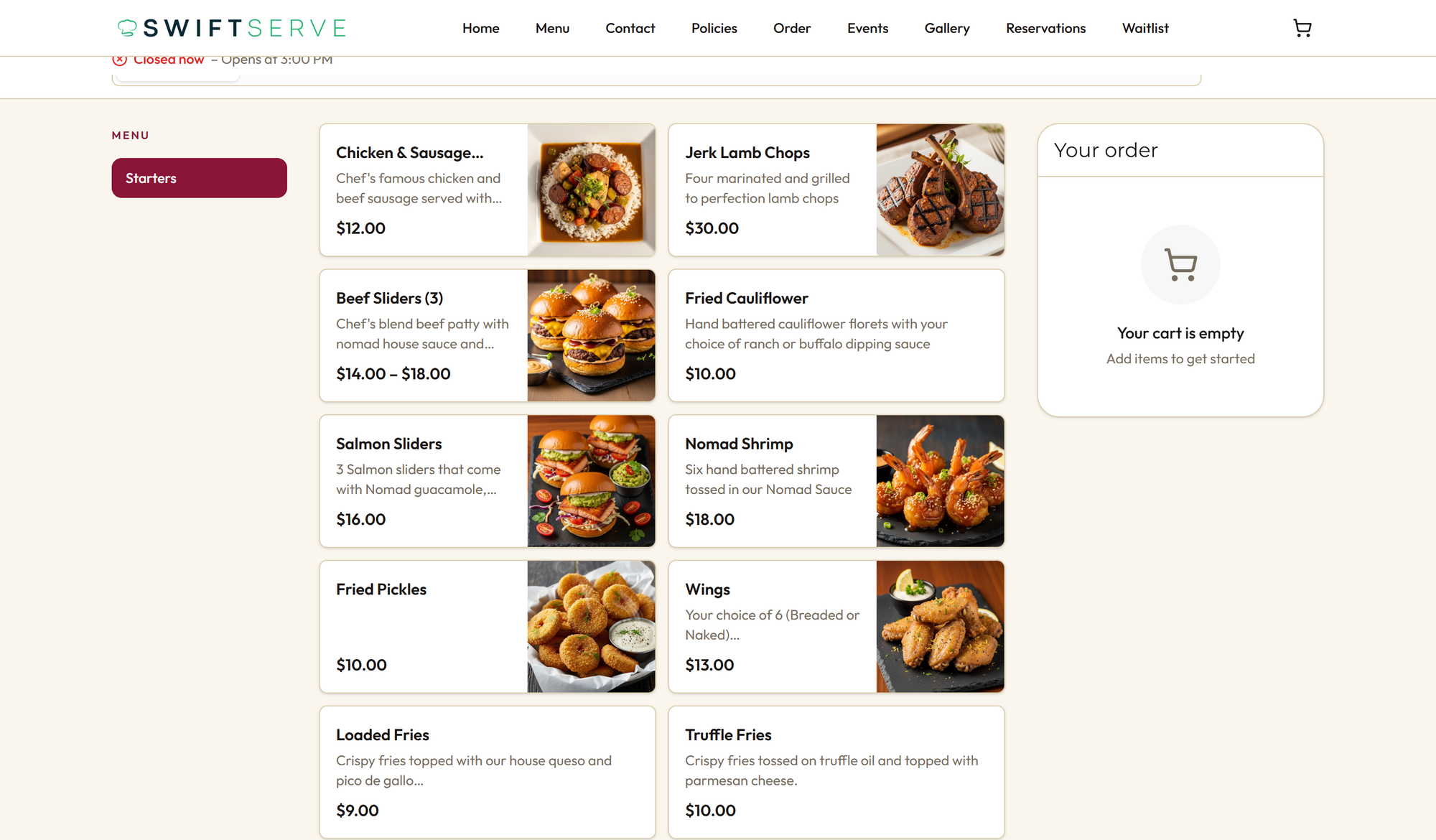 The SwiftServe ordering page showing a full restaurant menu with categories and an order summary