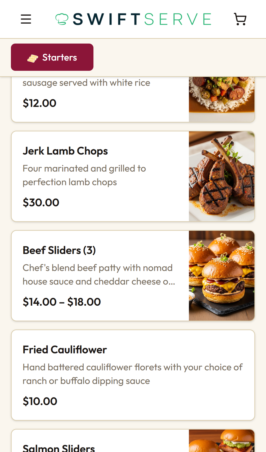A restaurant menu on a phone showing dishes with photos and prices, ready to order
