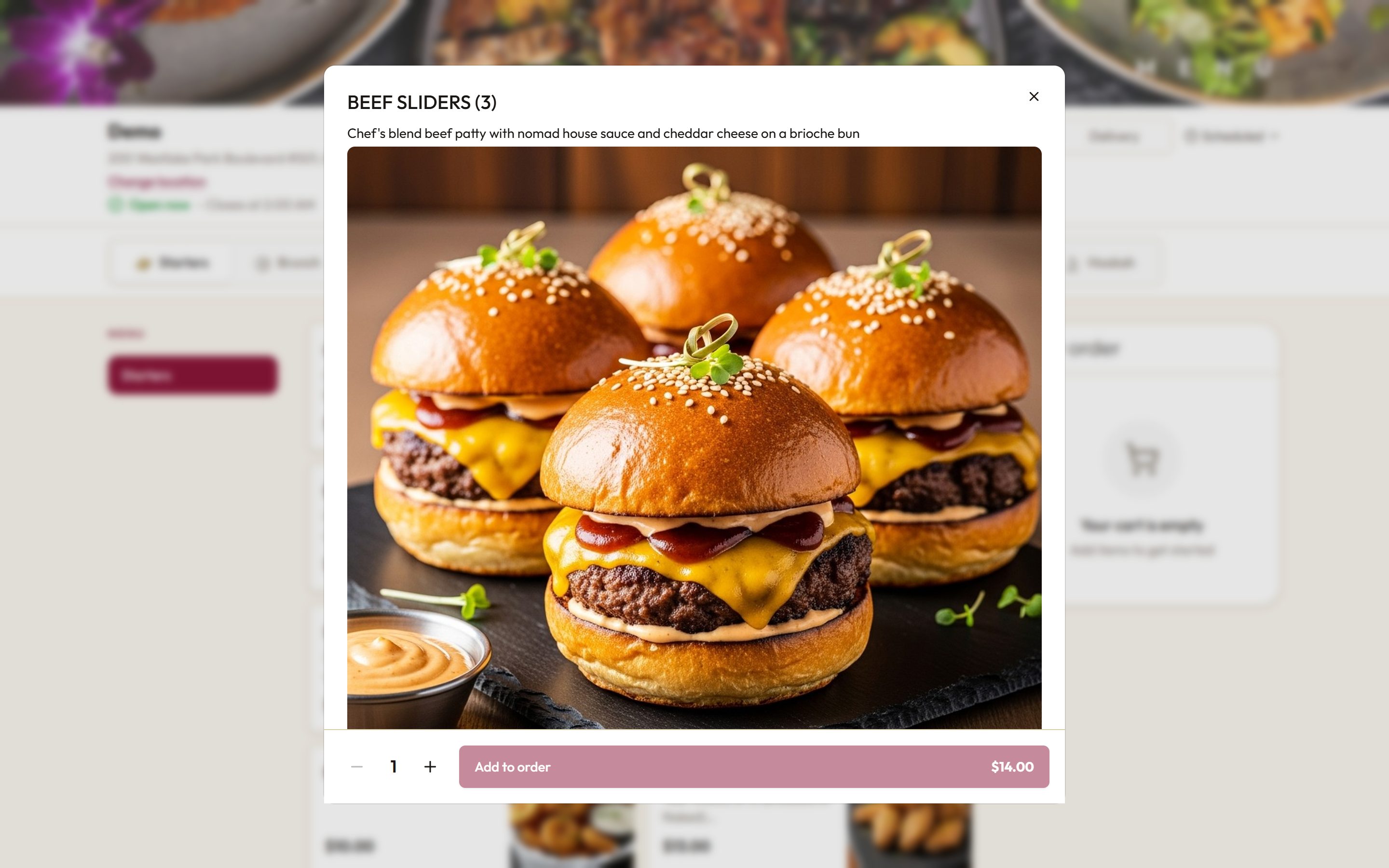 An item detail view in the SwiftServe ordering app showing a dish photo, description, quantity selector and add to order button with the price