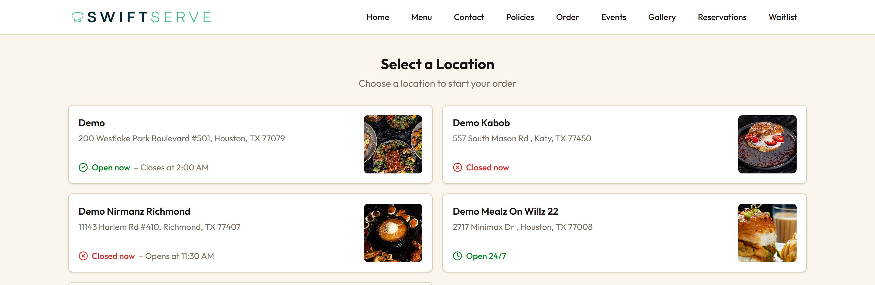 The SwiftServe location picker showing several restaurant locations with their addresses and live open or closed status