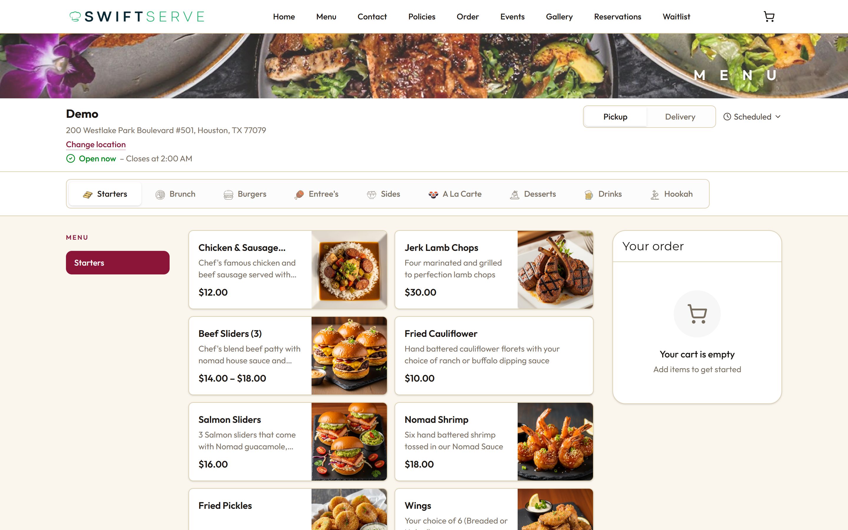 The SwiftServe ordering page showing a restaurant menu with categories, item photos, prices and a live order summary